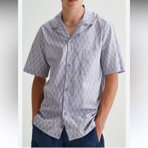 Adidas Allover Logo Print Button-Up Shirt Mens Small Purple & Yellow 3-Stripe